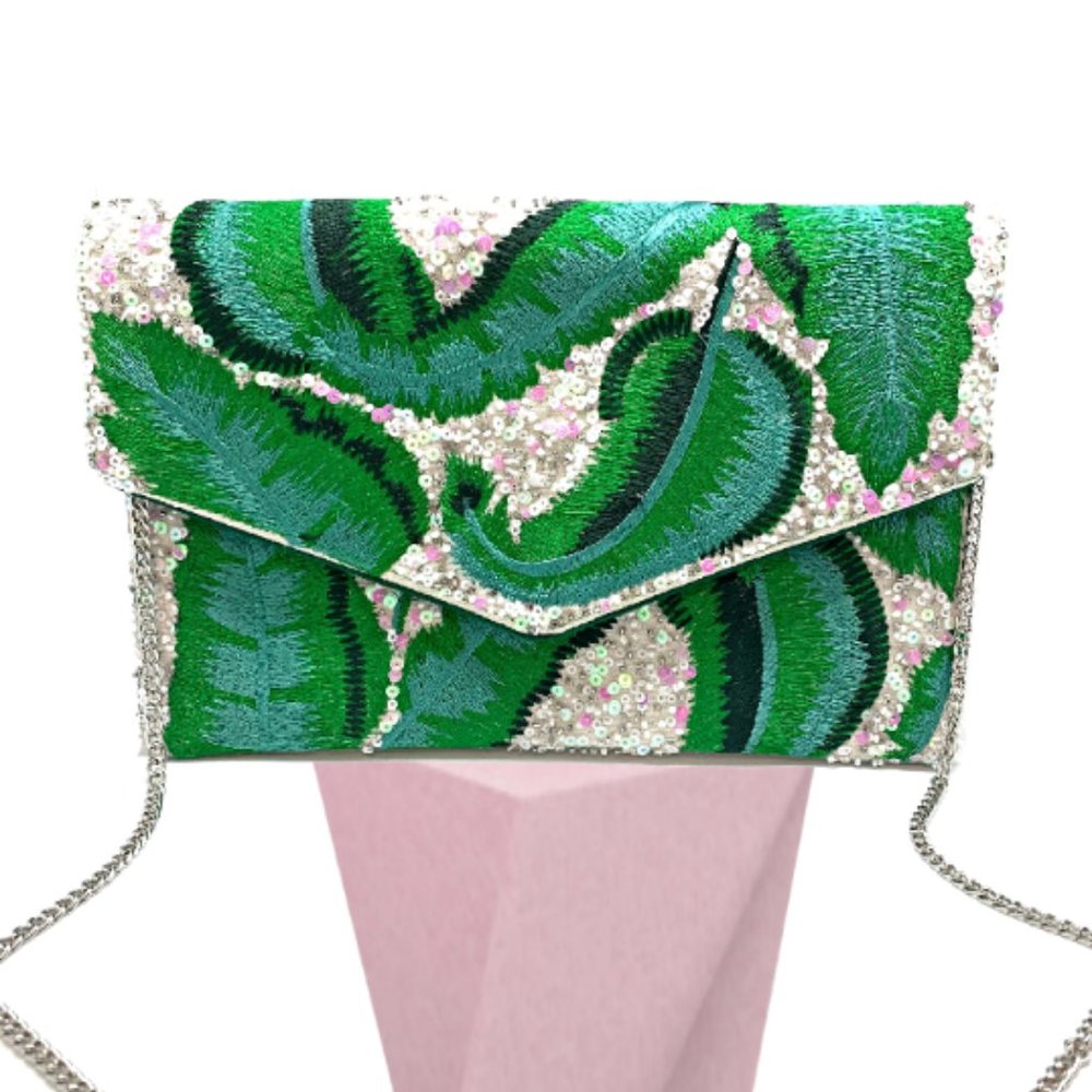 Tropical Leaf Seed Bead Sequin Crossbody Chain Clutch Boho Handbag